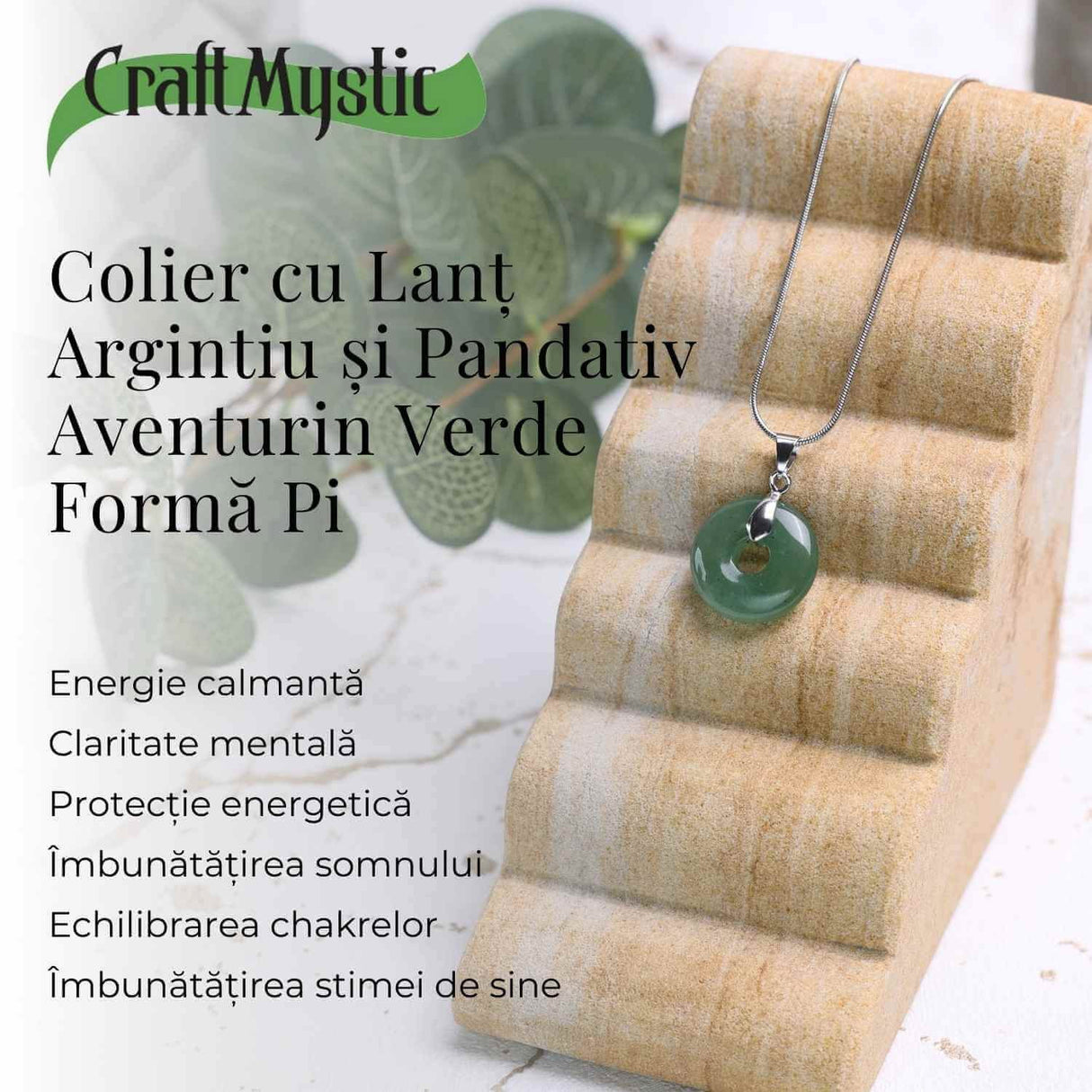 Colier Argintiu cu Aventurin Verde Forma Pi - Echilibru si Prosperitate, Lungime Totala 50 cm, Diametru Pandantiv 20 mm