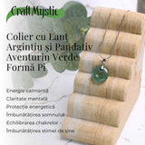 Colier Argintiu cu Aventurin Verde Forma Pi - Echilibru si Prosperitate, Lungime Totala 50 cm, Diametru Pandantiv 20 mm