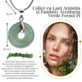 Colier Argintiu cu Aventurin Verde Forma Pi - Echilibru si Prosperitate, Lungime Totala 50 cm, Diametru Pandantiv 20 mm