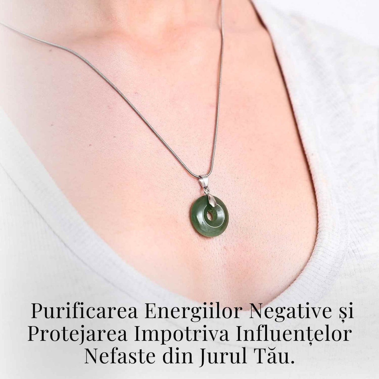 Colier Argintiu cu Aventurin Verde Forma Pi - Echilibru si Prosperitate, Lungime Totala 50 cm, Diametru Pandantiv 20 mm