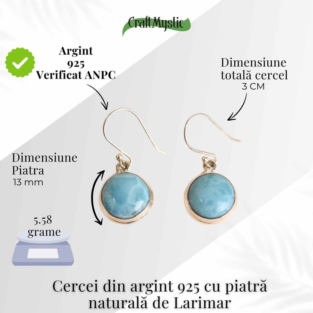 Cercei Argint 925 cu Larimar Rotund - Armonie si Linstire Interioara