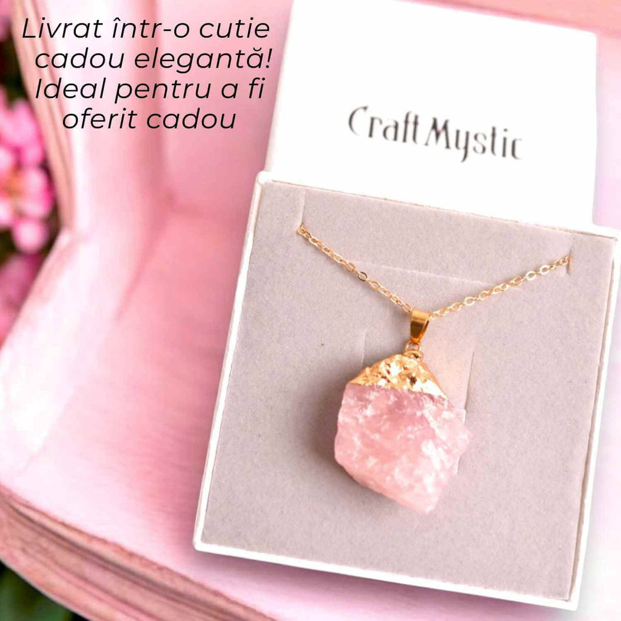 Colier auriu ajustabil cu pandantiv din Cuart Roz brut - Vindecare si Iubire