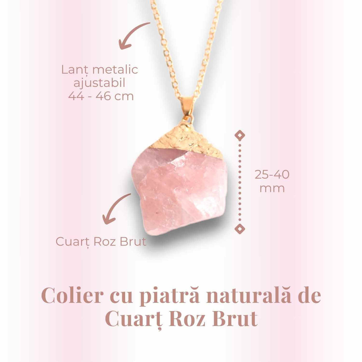 Colier auriu ajustabil cu pandantiv din Cuart Roz brut - Vindecare si Iubire