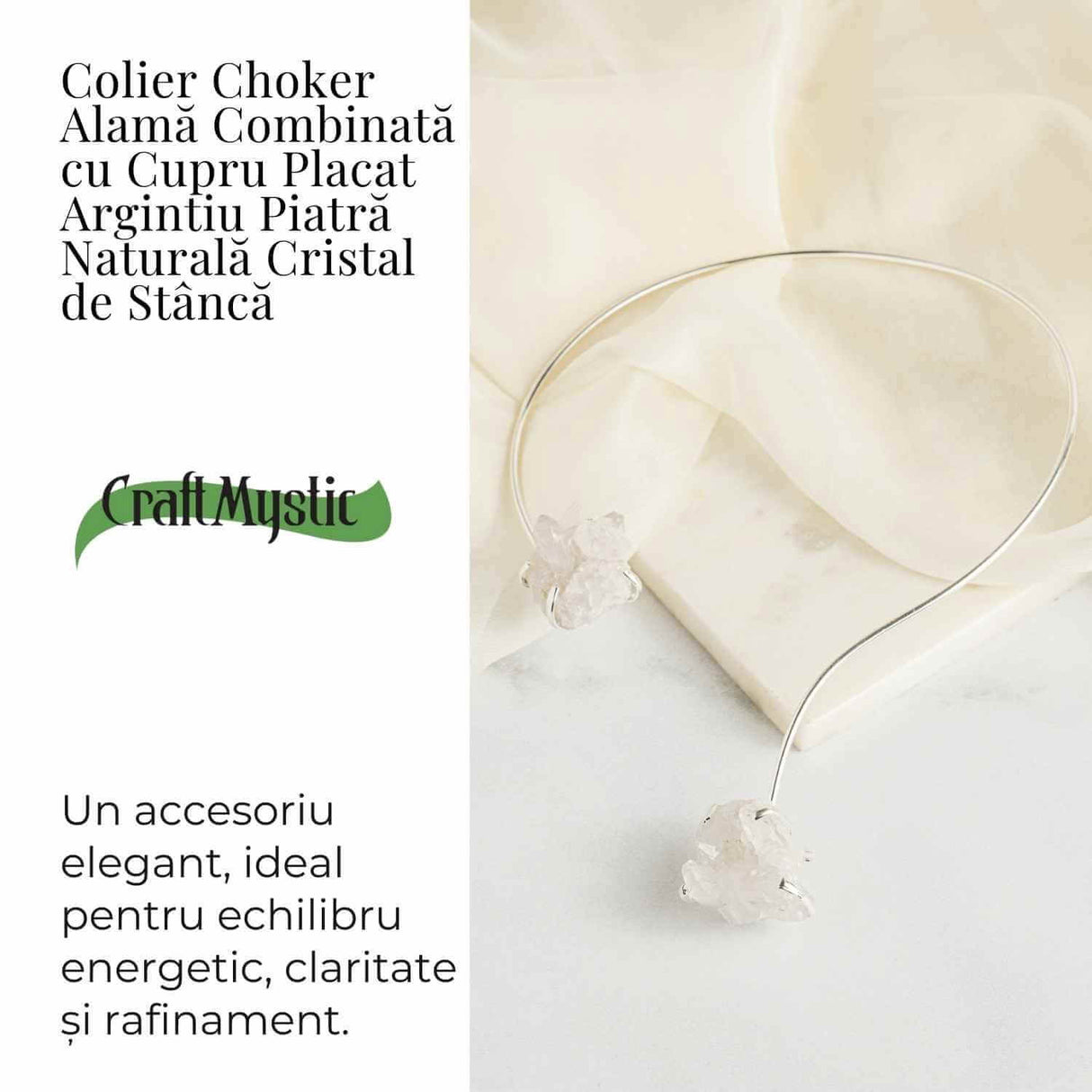 Colier Choker Argintiu cu Cristal de Stanca - Echilibru si Claritate Energetica