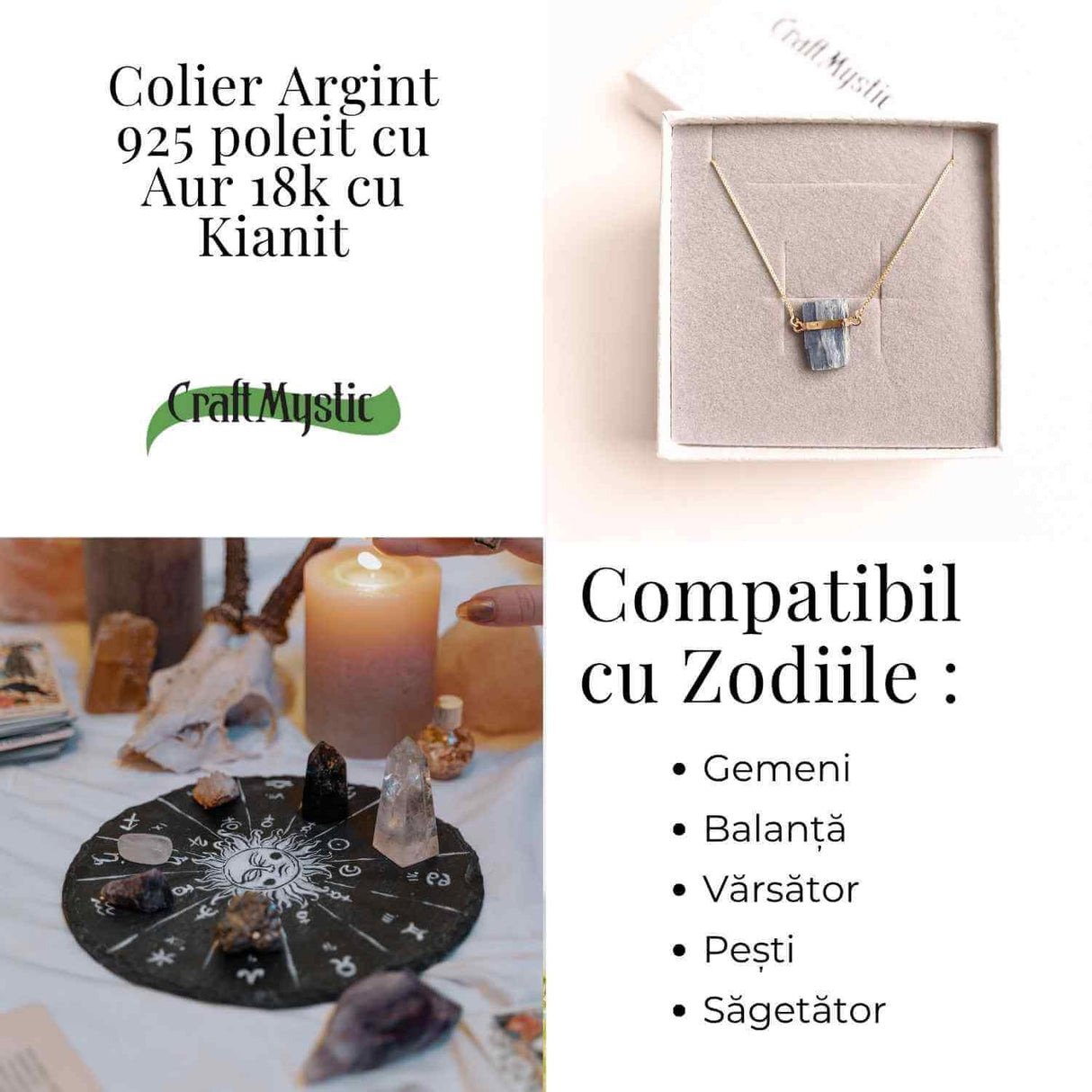 Colier Brut cu Kianit ( Cianit ) din Argint 925 placat cu aur de 18k -Liniste Interioara si Claritate Mentala