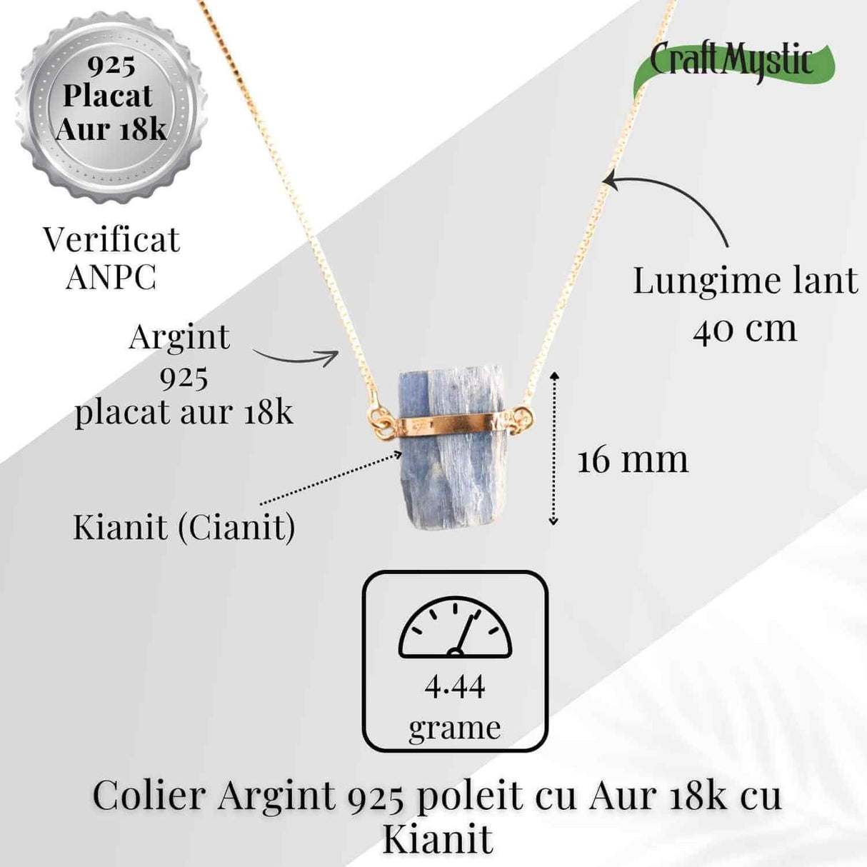 Colier Brut cu Kianit ( Cianit ) din Argint 925 placat cu aur de 18k -Liniste Interioara si Claritate Mentala