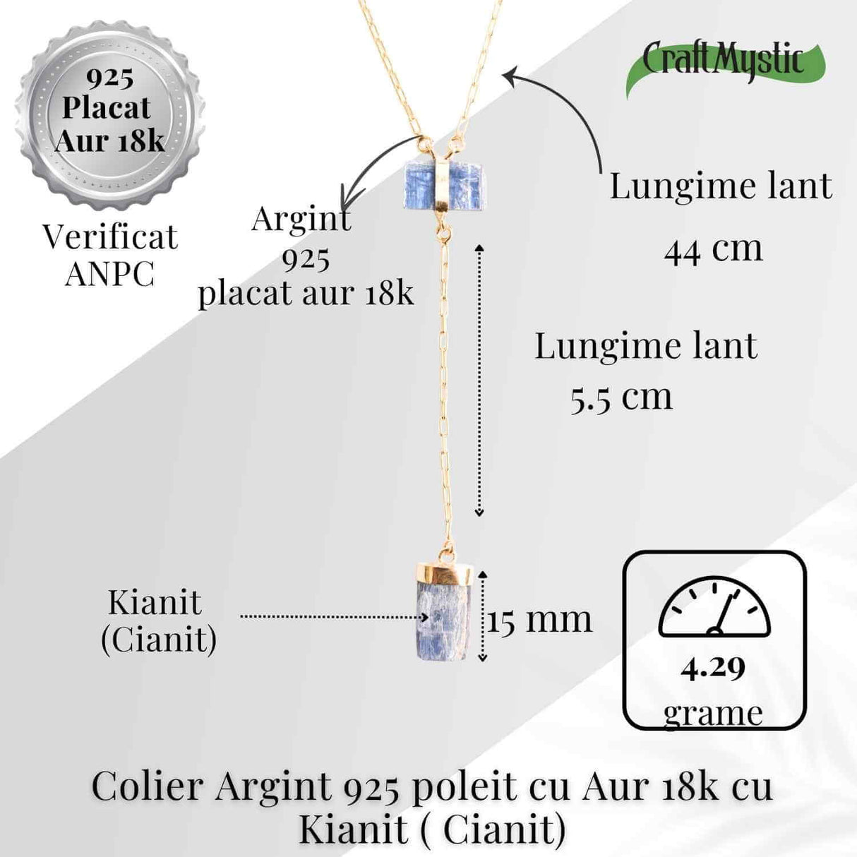 Claritate si Aliniere - Colier din Argint 925 Placat cu Aur 18K cu Dublu Kianit (Cianit)