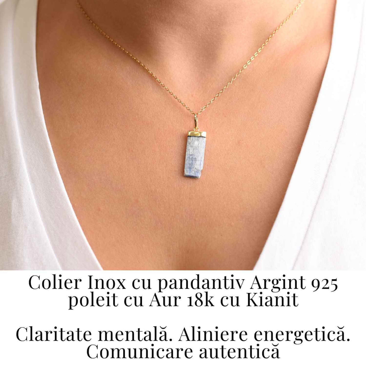 Colier Brut cu Kianit ( Cianit ) din Argint 925 placat cu aur de 18k lant inox - Comunicare Autentica si Calm Mental