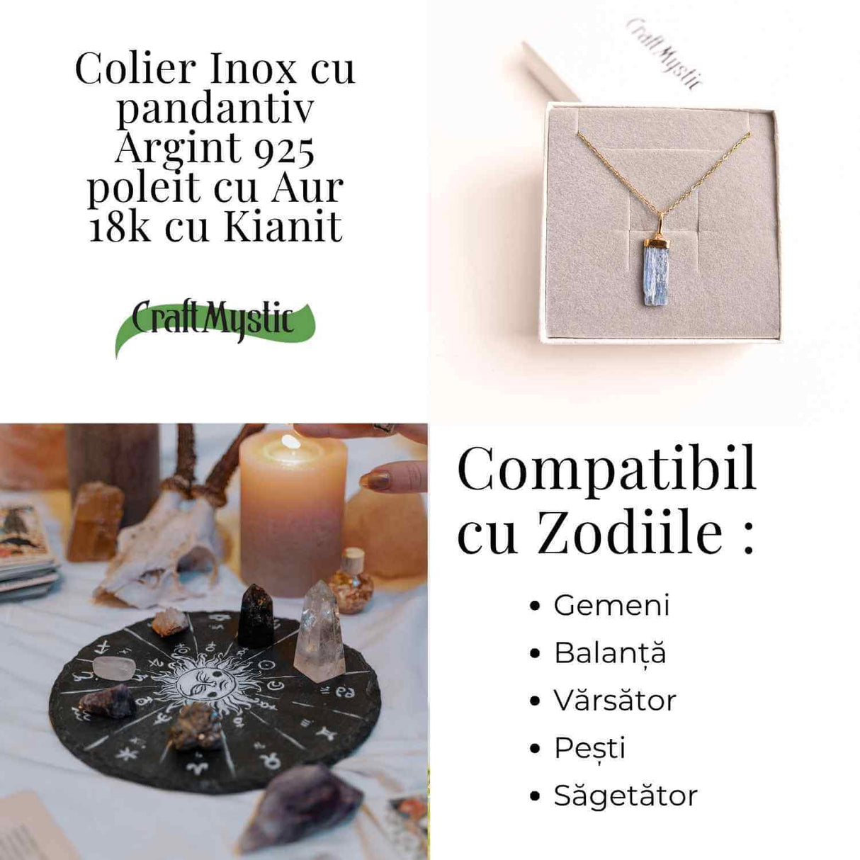 Colier Brut cu Kianit ( Cianit ) din Argint 925 placat cu aur de 18k lant inox - Comunicare Autentica si Calm Mental