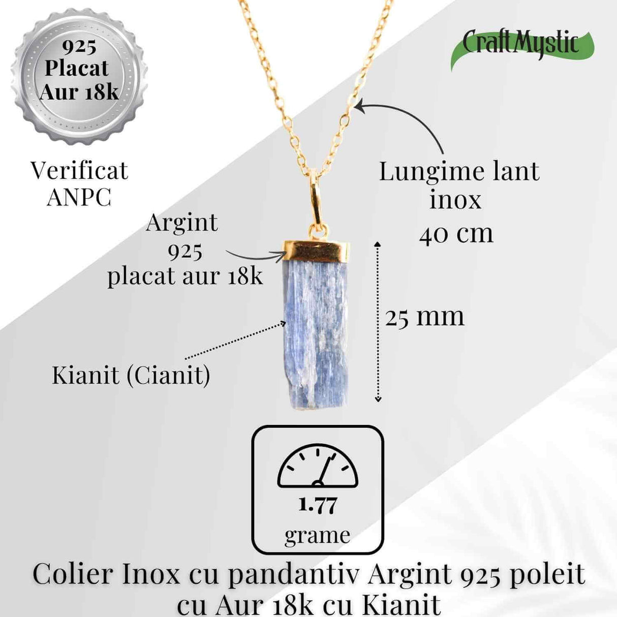 Colier Brut cu Kianit ( Cianit ) din Argint 925 placat cu aur de 18k lant inox - Comunicare Autentica si Calm Mental