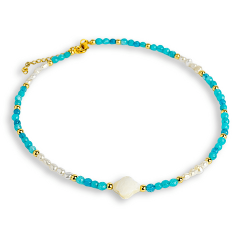 Colier tip choker cu pietre pentru pace interioara - Acvamarin, perle si simbol marin