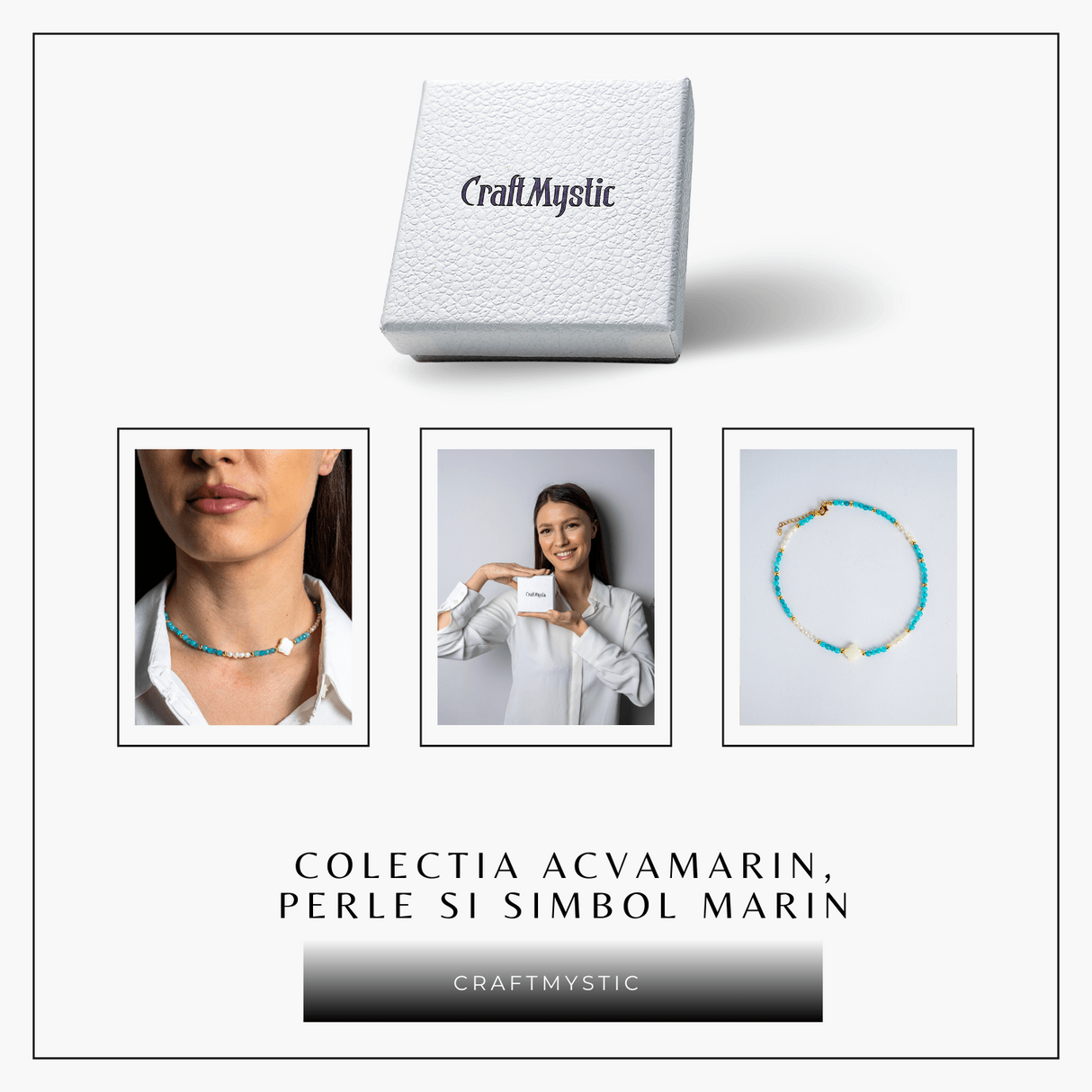 Colier tip choker cu pietre pentru pace interioara - Acvamarin, perle si simbol marin