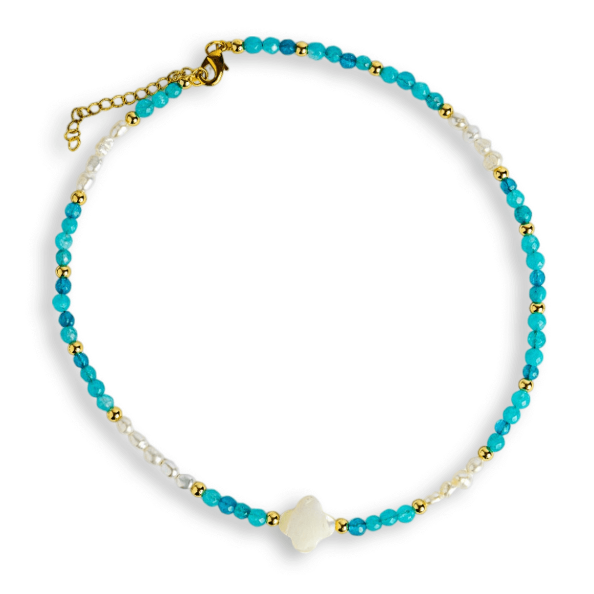 Colier tip choker cu pietre pentru pace interioara - Acvamarin, perle si simbol marin
