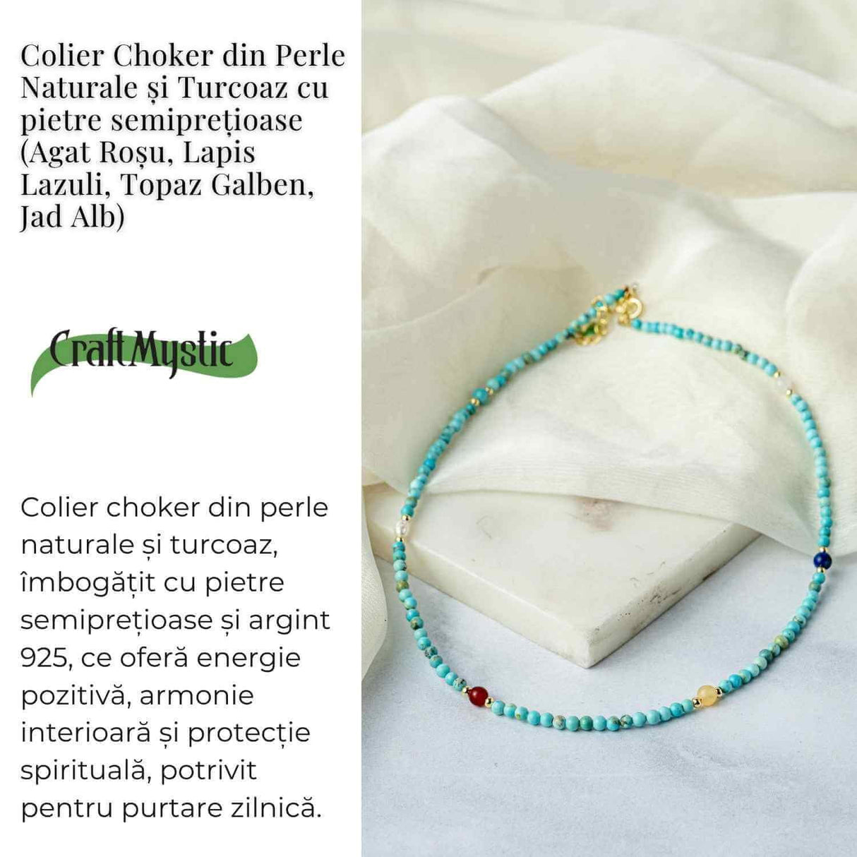 Colier Choker cu Turcoaz, Perle Naturale si Pietre Semipretioase - Energie Pozitiva si Armonie Interioara
