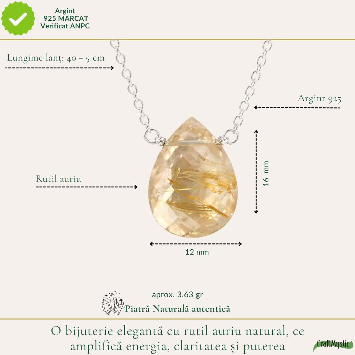 Colier argint 925 cu rutil auriu lacrima – claritate si energie interioara