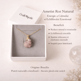 Colier cu Ametist Roz Natural 2-3 cm - Lant Argint Placat Aur 18K - Piatra Bruta Brazilia