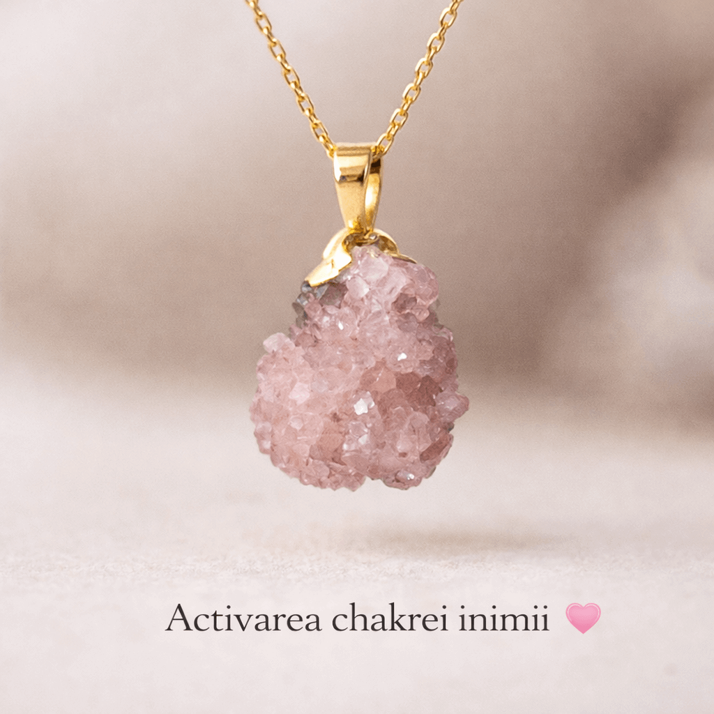 Colier cu Ametist Roz Natural 2-3 cm - Lant Argint Placat Aur 18K - Piatra Bruta Brazilia