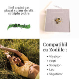 Inel argint 925 placat cu aur de 18k cu Moldavit, Meteorit si Diamant Pakimer marime 57.5/8 - Putere cosmica si claritate
