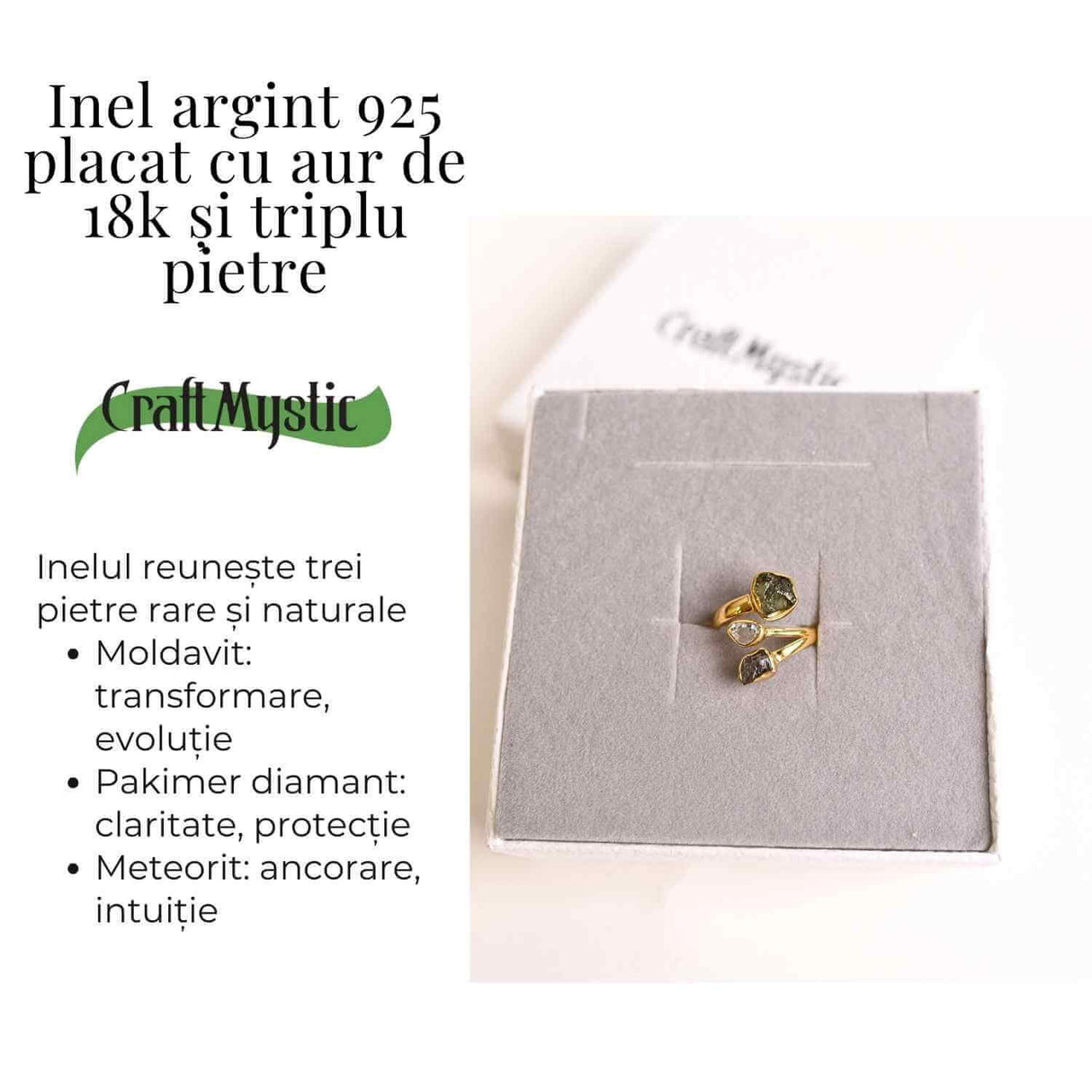 Inel argint 925 placat cu aur de 18k cu Moldavit, Meteorit si Diamant Pakimer marime 57.5/8 - Putere cosmica si claritate