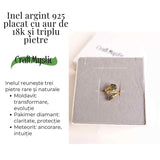 Inel argint 925 placat cu aur de 18k cu Moldavit, Meteorit si Diamant Pakimer marime 57.5/8 - Putere cosmica si claritate
