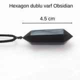 Colier cu cristal vindecator Obsidian 4-5 cm, in forma hexagonala cu dublu varf si saculet satin negru - pentru protectie, vointa si noroc
