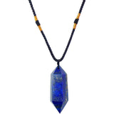 Colier cu cristal vindecator Lapiz Lazuli 4-5 cm, in forma hexagonala cu dublu varf si saculet satin negru - pentru protectie, vointa si noroc