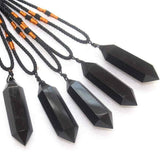 Colier cu cristal vindecator Obsidian 4-5 cm, in forma hexagonala cu dublu varf si saculet satin negru - pentru protectie, vointa si noroc
