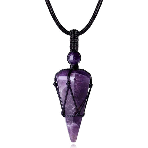 Amethyst Healing Crystal Necklace, with 6 facets and braided rope - for inner peace, calm, and stress reduction