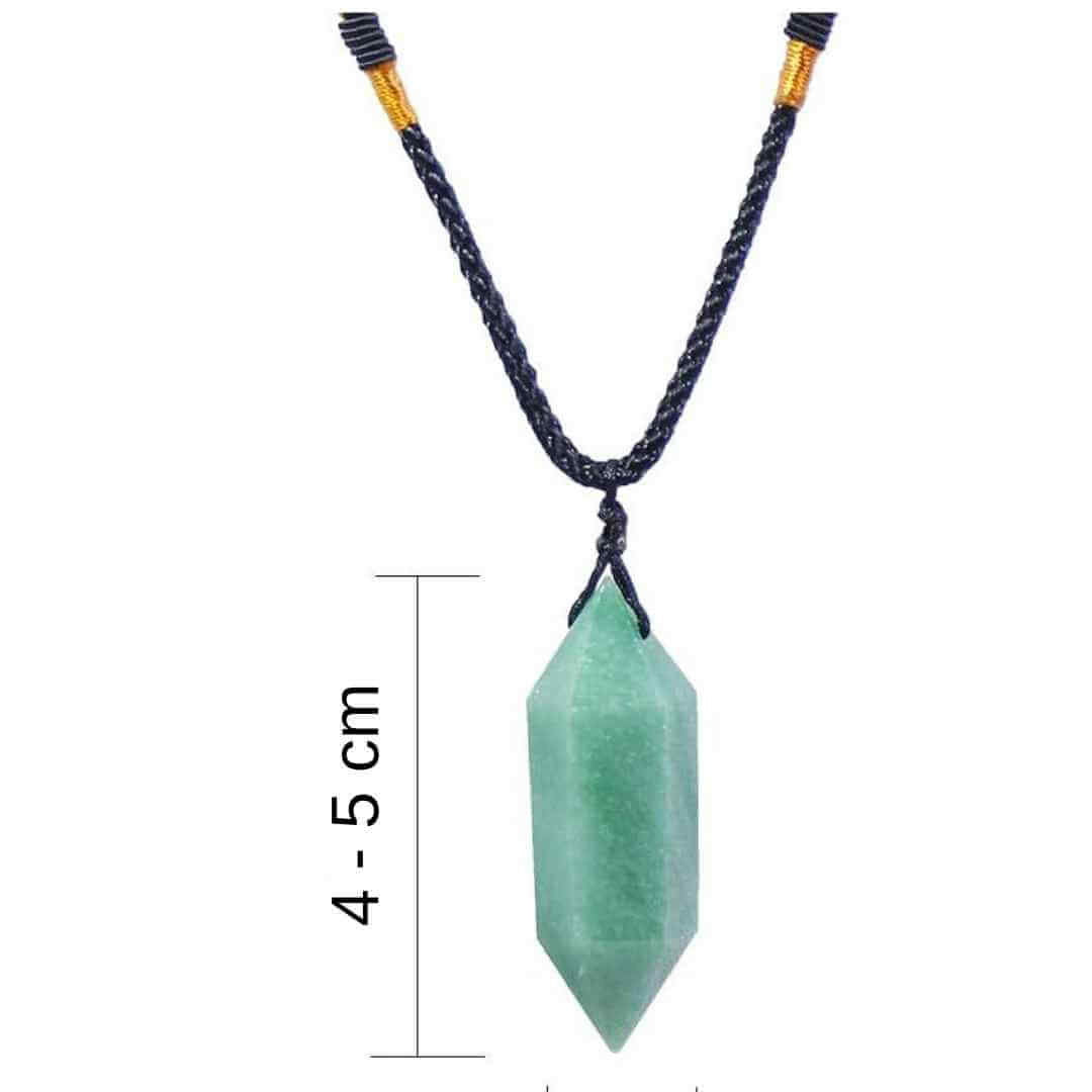 Colier cu cristal vindecator Aventurin Verde 4-5 cm, in forma hexagonala cu dublu varf si saculet satin negru - pentru protectie, vointa si noroc