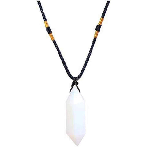 Colier cu cristal vindecător Opal 4-5 cm, în formă hexagonală cu dublu vârf și săculeț satin negru - pentru protecție, voință și noroc
