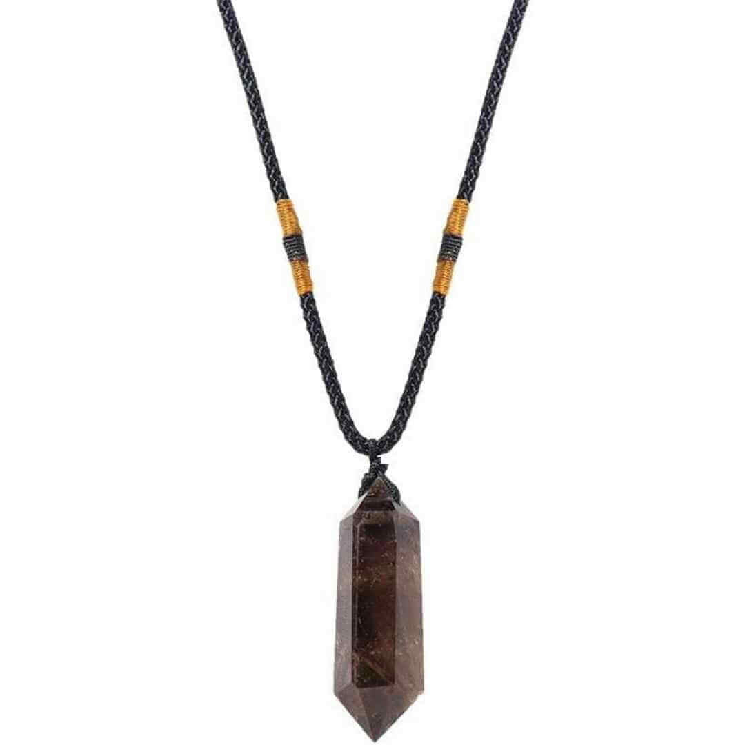 Colier cu cristal vindecator Cuart fumuriu 4-5 cm, in forma hexagonala cu dublu varf si saculet satin negru - pentru protectie, vointa si noroc