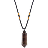 Colier cu cristal vindecator Cuart fumuriu 4-5 cm, in forma hexagonala cu dublu varf si saculet satin negru - pentru protectie, vointa si noroc