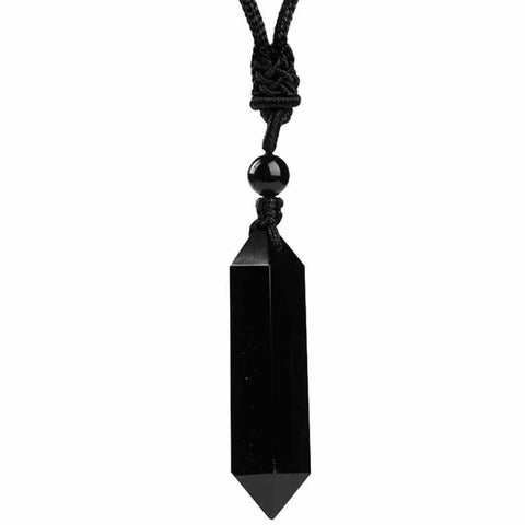 Colier cu cristal vindecator Obsidian Negru, in forma hexagonala cu dublu varf si franghie neagra ajustabila - pentru protectie, stabilitate si armonie