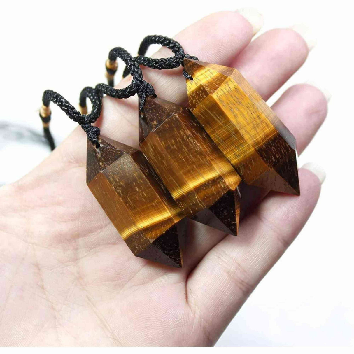 Colier cu cristal vindecator Ochi de Tigru, in forma hexagonala cu dublu varf - pentru protectie, vointa si noroc.