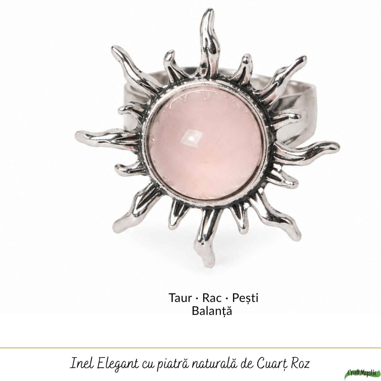 Inel cu Cuart Roz Natural in Forma de Soare – Iubire si Energie Pozitiva