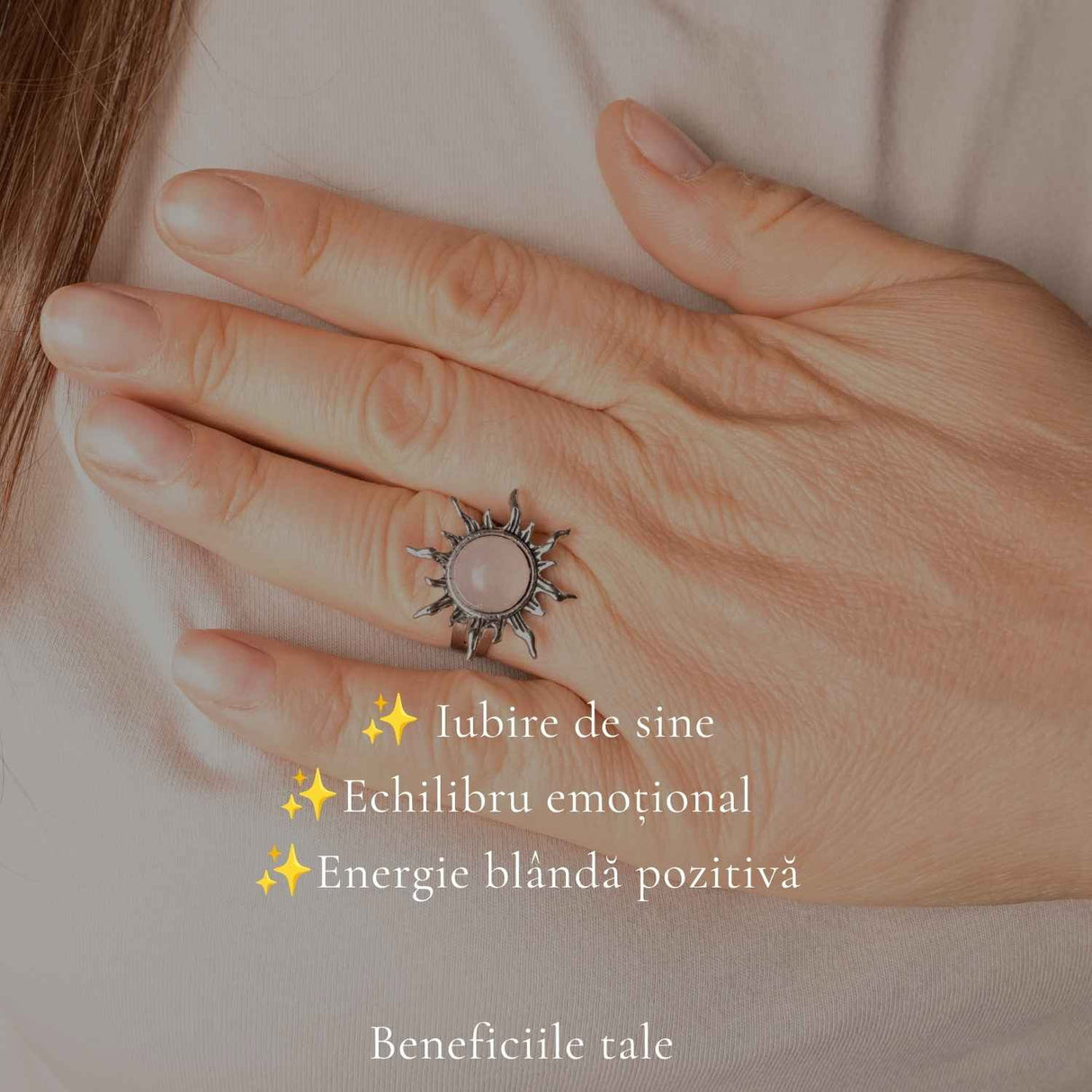 Inel cu Cuart Roz Natural in Forma de Soare – Iubire si Energie Pozitiva