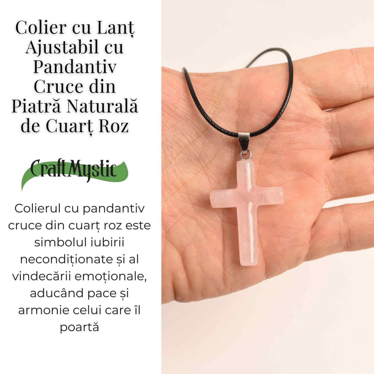Colier cu Cuart Roz Natural in forma de cruce - Iubire si vindecare emotionala