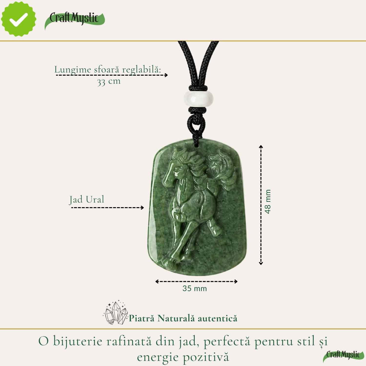 Colier cu Jad Natural in Forma de Cal – Libertate, Armonie si Prosperitate