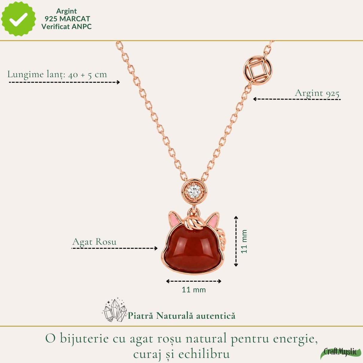 Colier Argint 925 Rose Gold cu Agat Rosu Natural – Curaj, Energie si Eleganta