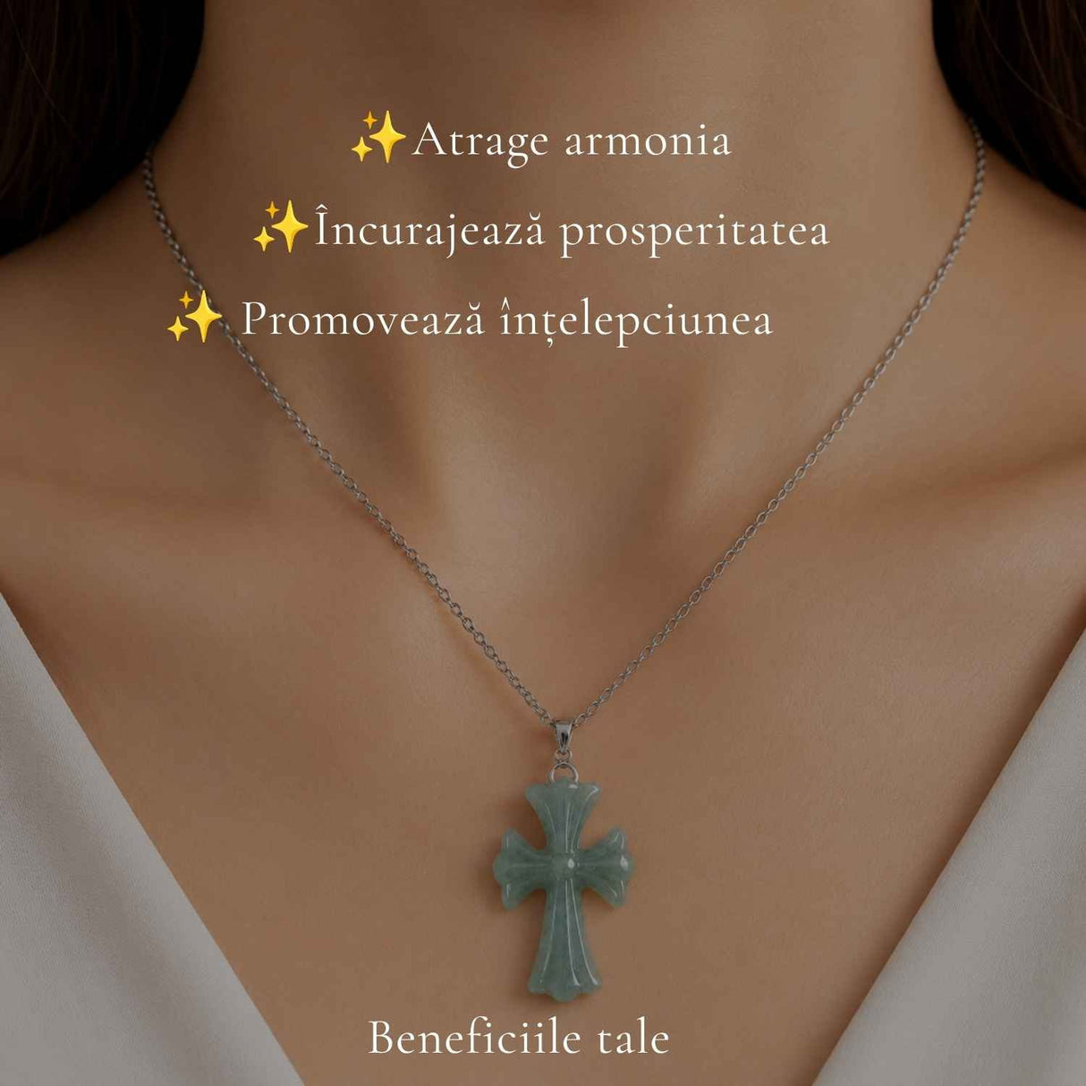 Colier cu Jadeit Natural forma de Cruce si Lant Argint 925 – Armonie, Prosperitate si Eleganta