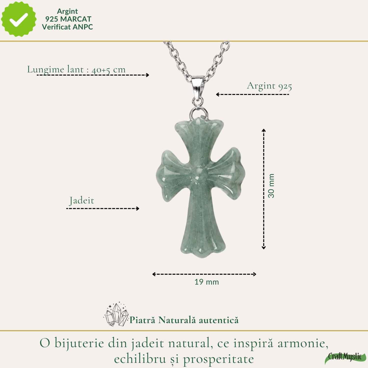 Colier cu Jadeit Natural forma de Cruce si Lant Argint 925 – Armonie, Prosperitate si Eleganta