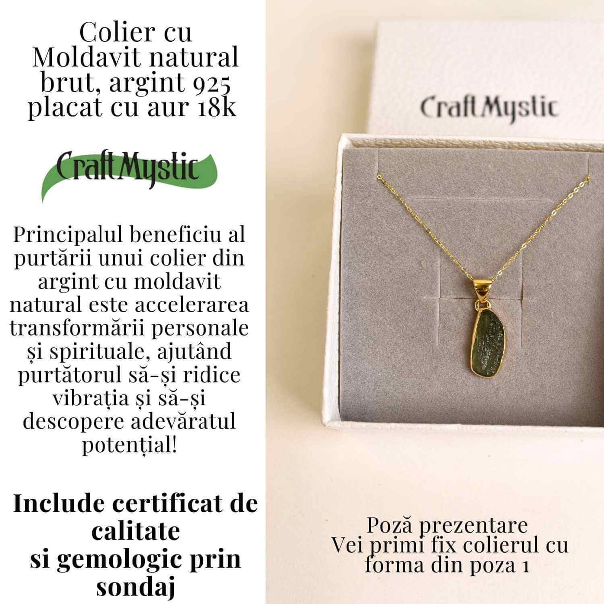 Colier argint 925 placat cu aur 18k cu Moldavit natural 2.22 g - accelerarea transformarii personale si spirituale