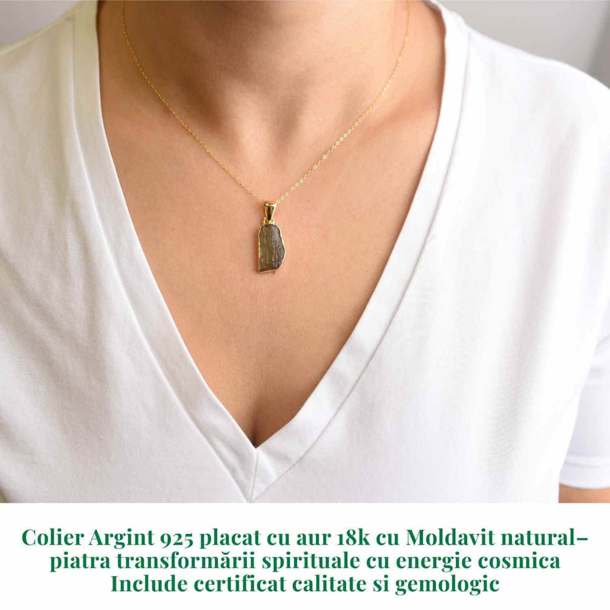 Colier Argint 925 placat cu aur 18k cu Moldavit natural brut 2.31 g - talisman de transformare