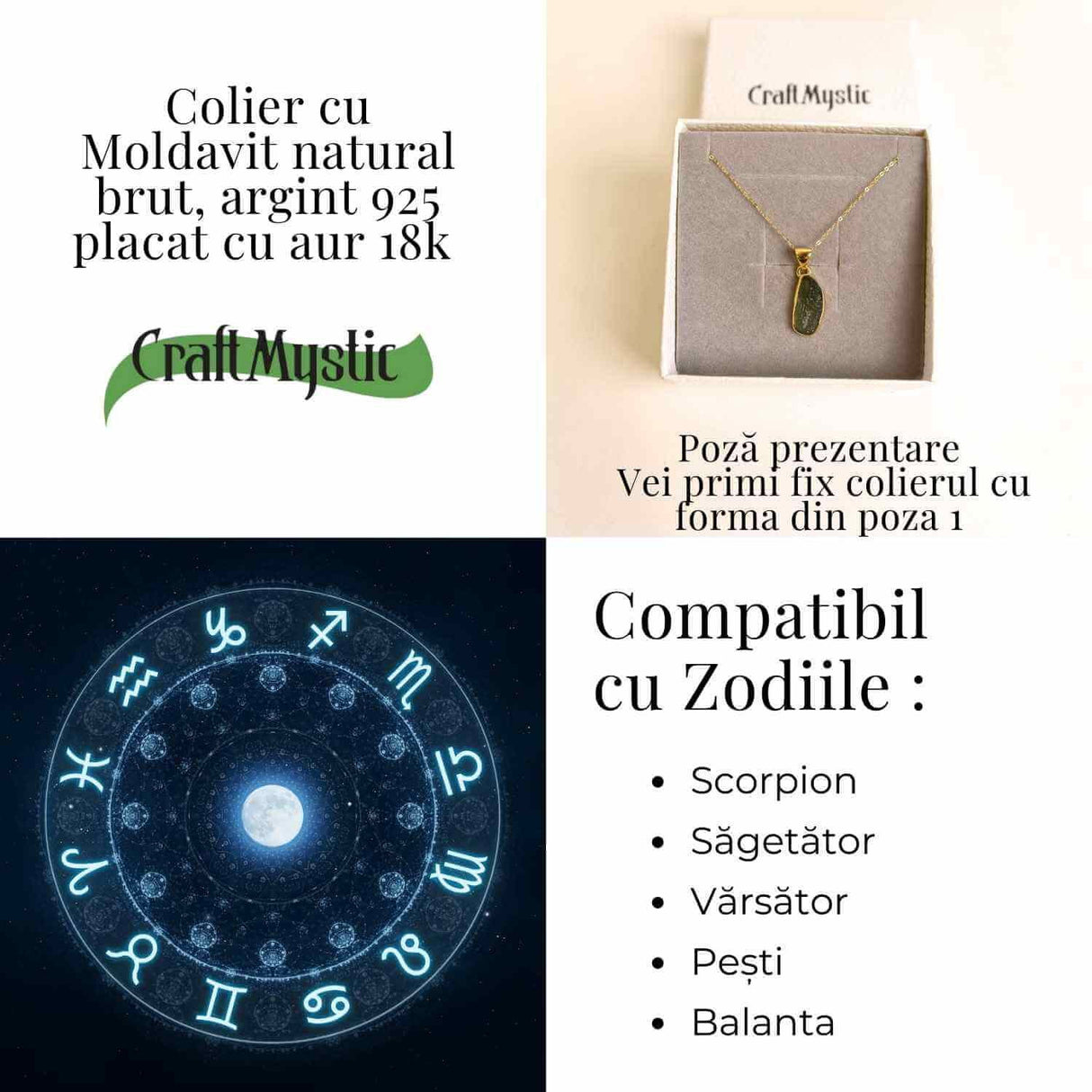 Colier Argint 925 placat cu Aur 18k cu Moldavit natural 3.28 gr 16x13 mm - transformare, protectie, energie cosmica