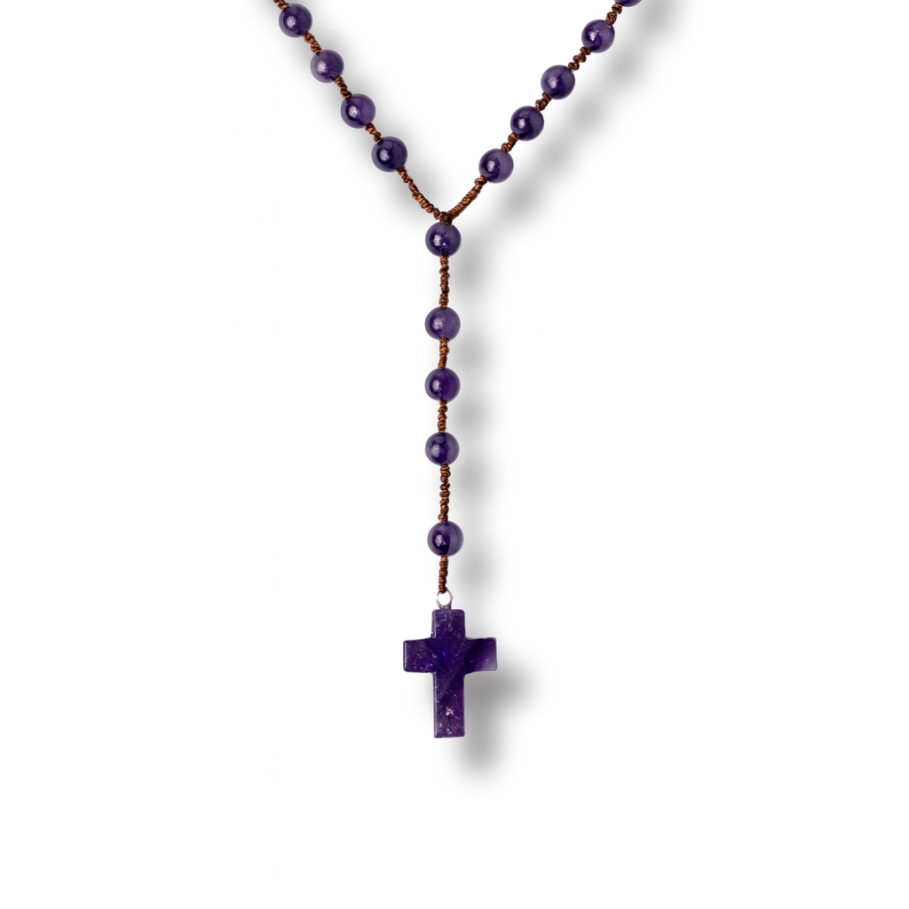 Colier cu Margele din Ametist Natural si Pandantiv Cruce - Liniste Interioara si Protectie Spirituala