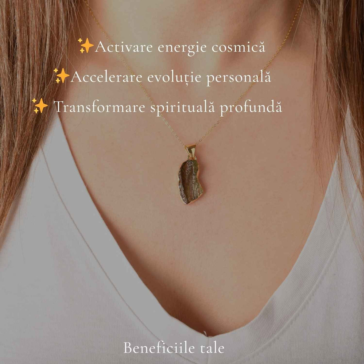 Colier Argint 925 Placat Aur 18K cu Moldavit Natural – Energie si Transformare