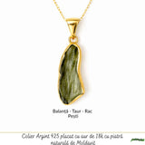 Colier Argint 925 Placat Aur 18K cu Moldavit Natural – Energie si Transformare