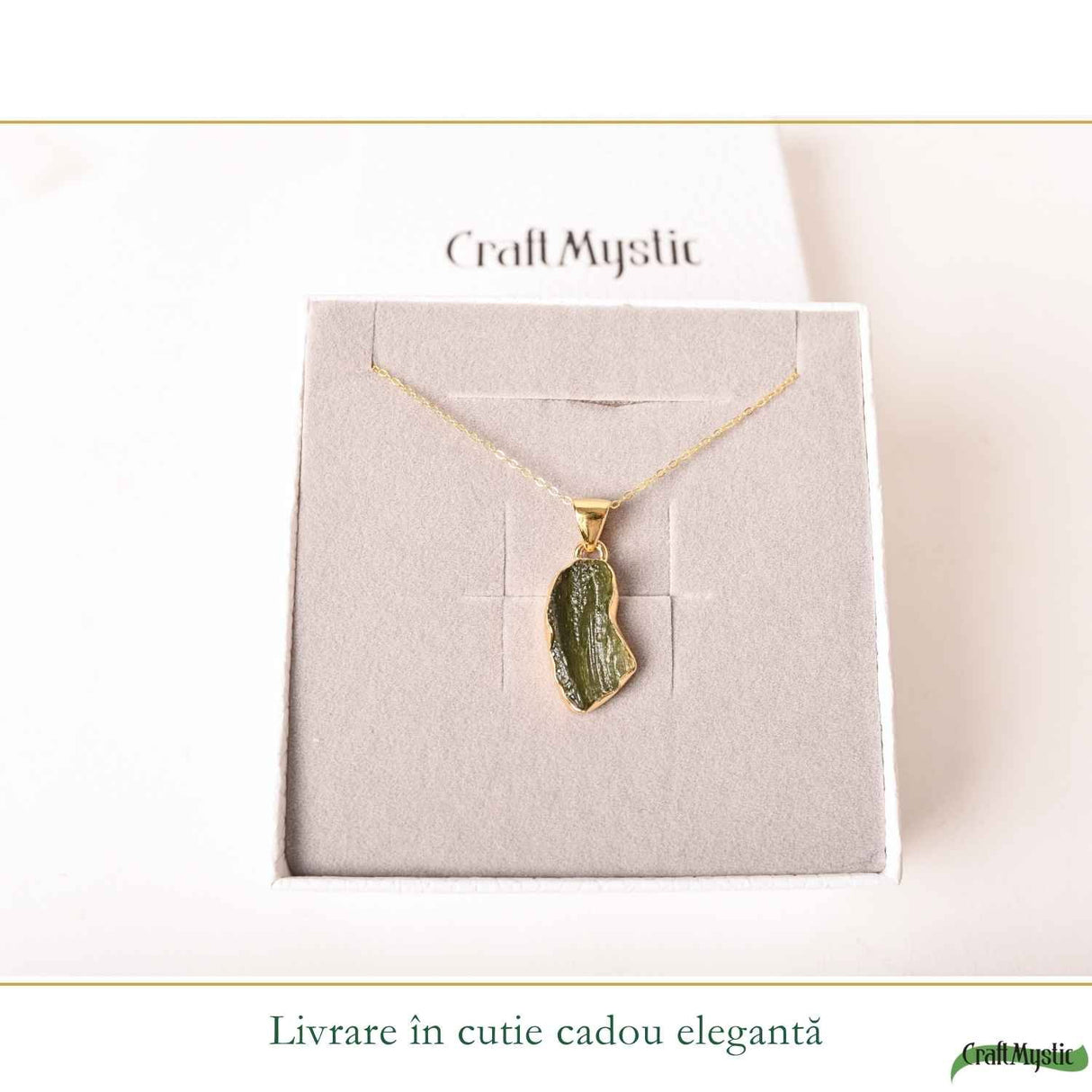Colier Argint 925 Placat Aur 18K cu Moldavit Natural – Energie si Transformare