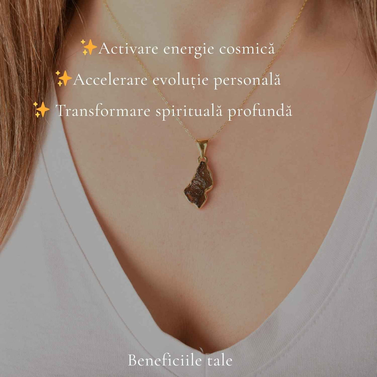 Colier din Argint Placat Aur 18K cu Moldavit – Putere Interioara si Evolutie
