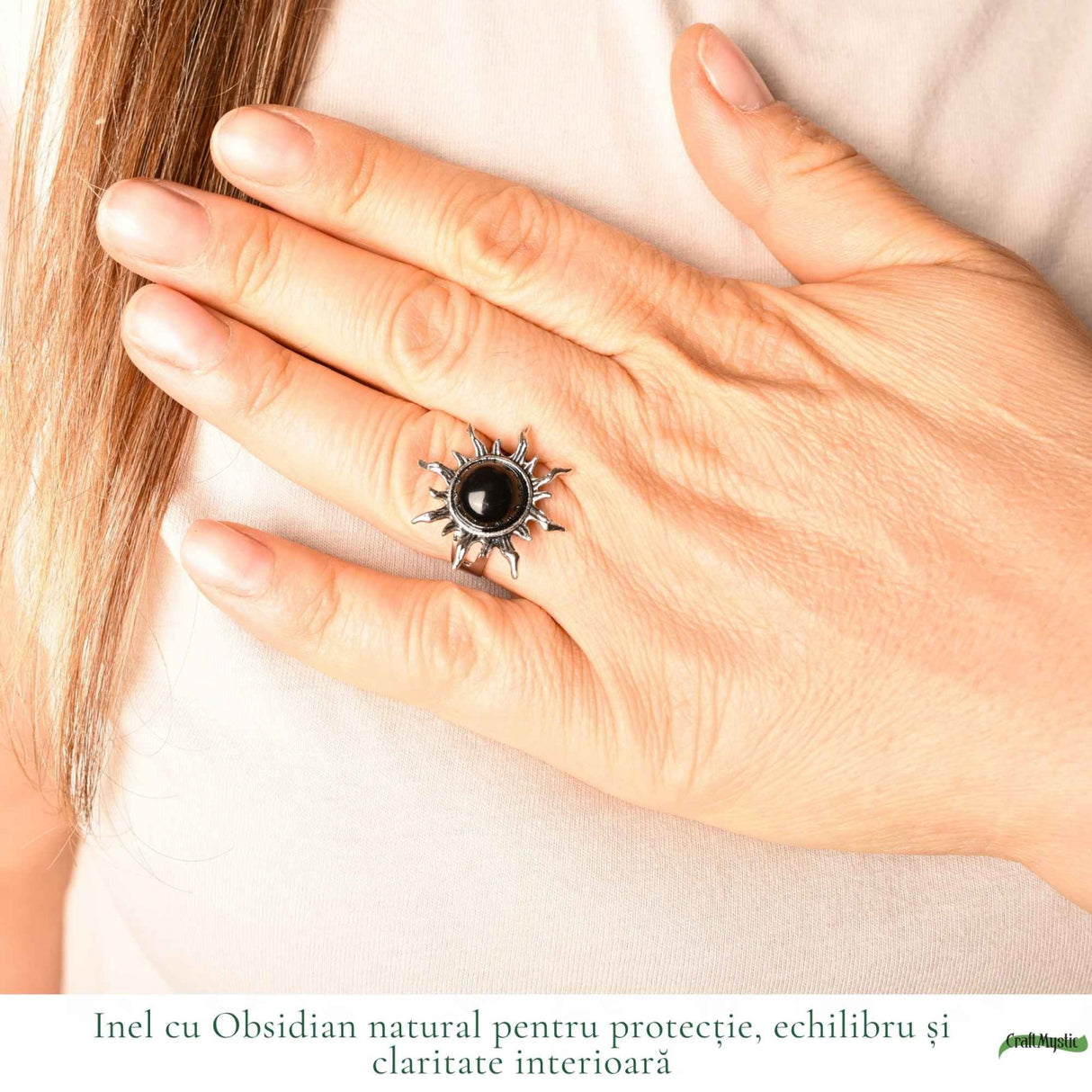 Inel cu Obsidian Natural in Forma de Soare – Protectie si Putere Interioara